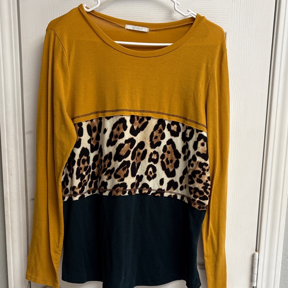 Stylish Mustard and Black Leopard Print Long Sleeve Top